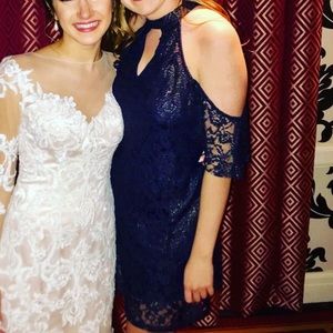 Francesca’s Navy Gold Shimmer Lace Dress